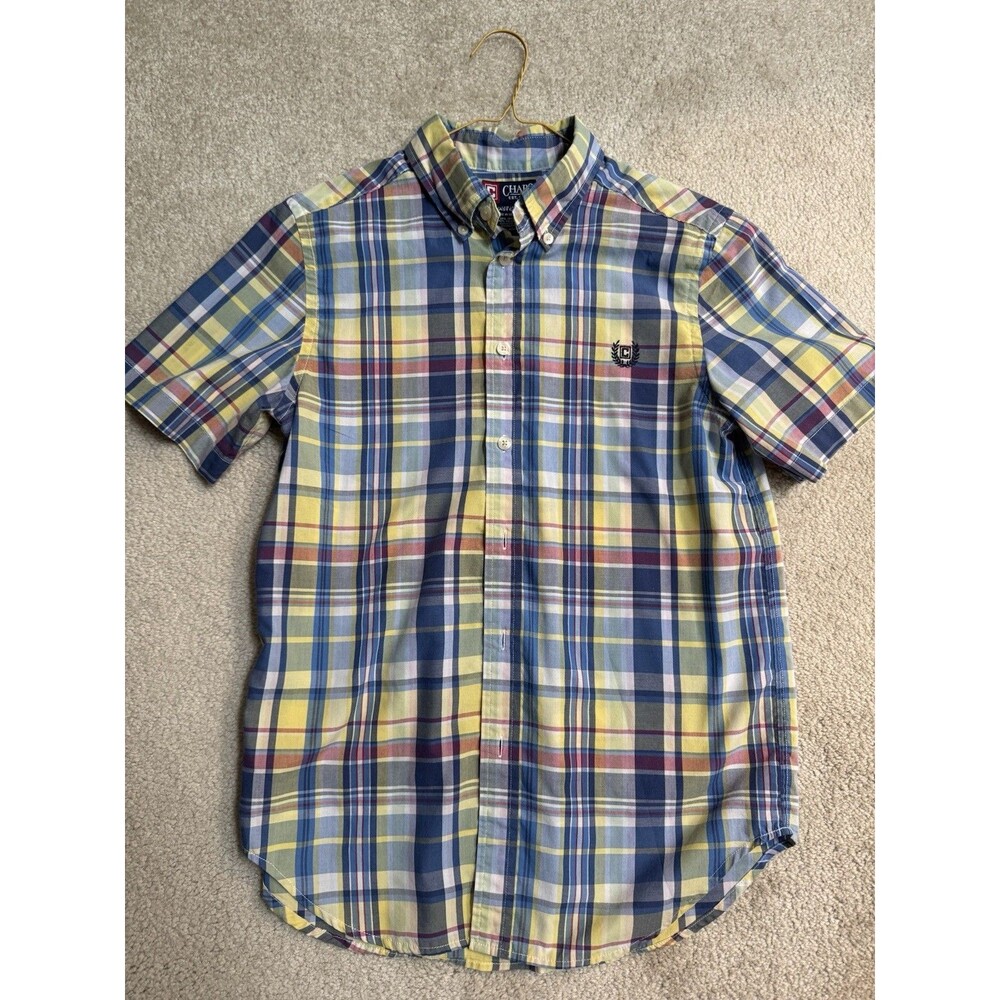 Chaps Boys Short Sleeve Button Down Shirt Large (14/16) Blue Yellow Red Plaid